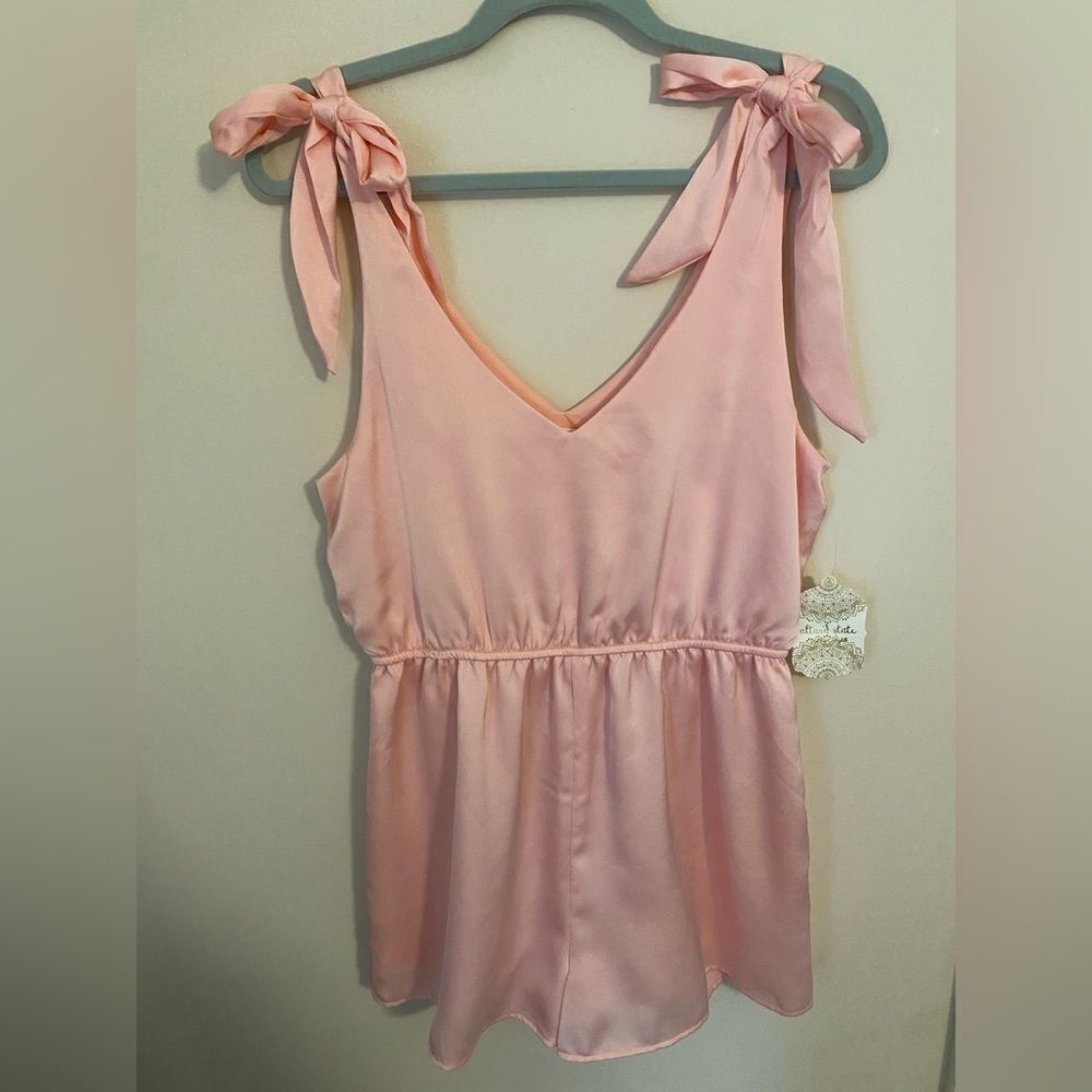 Altar’d State Pink Silky Romper with Bow Straps, NWT, Size Medium
